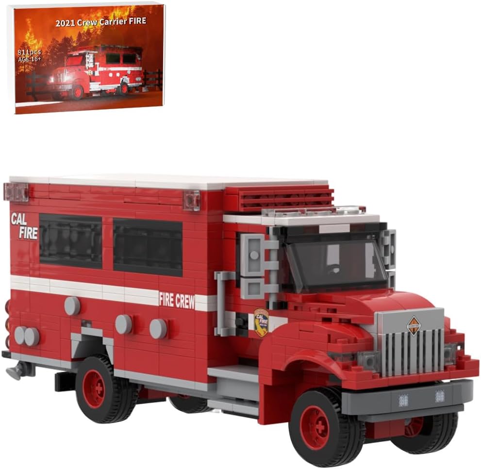 Fire Truck Building Blocks Set, 811 Pcs Firefighting Crew Carrier Model Building Kit with Authentic Interior, Water-Transfer Stickers, Firetruck Building Bricks Collectibles for Adults
