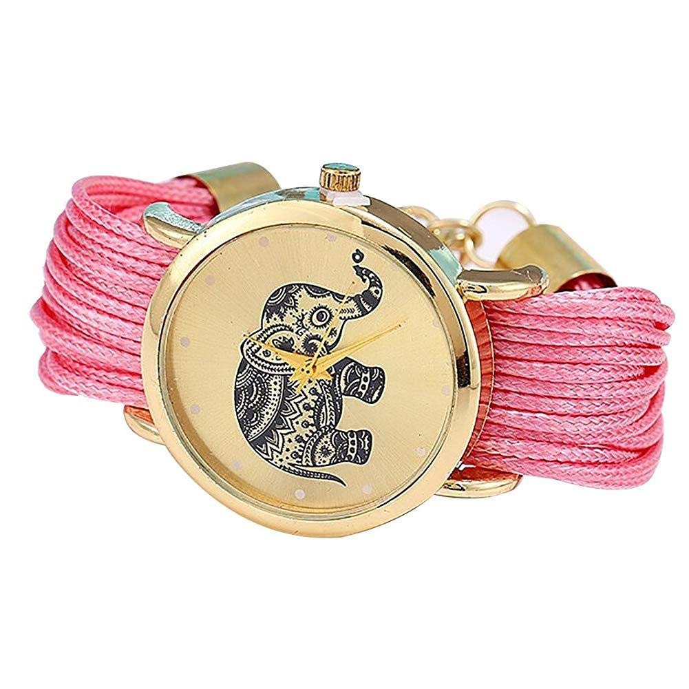 JKDHUSJKElephant Pattern Weaved Rope Bracelet Quartz Dial Wrist Watch Pink