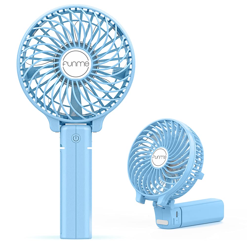 Funme Mini Handheld Fan USB Electric Portable Fan Outdoor Rechargeable Personal Fan Battery Powered 180° 3 Speeds Foldable Desk Fan Cooling for Desktop School Office Home Travel Camping - Blue — image 1