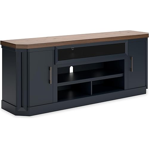 Signature Design by Ashley Landocken Contemporary 83" TV Stand for TVs up to 95" with Fireplace Option, 2 Cabinets, 2 Doors, 2 Adjustable Shelves, Open Cubbies and Cord Openings, Dark Brown & Blue