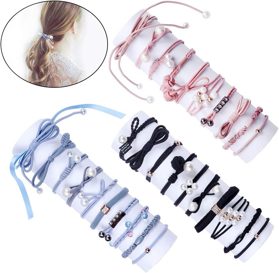 30 Pieces Lucky Bowknot Hair Ties for Ladies and Women High Elasticity Hair Scrunchies Fashion Pearls Ponytail Holders Hair Rope Elastic Rubber Bands for Thick or Thin Hair (Black,Blue,Pink)