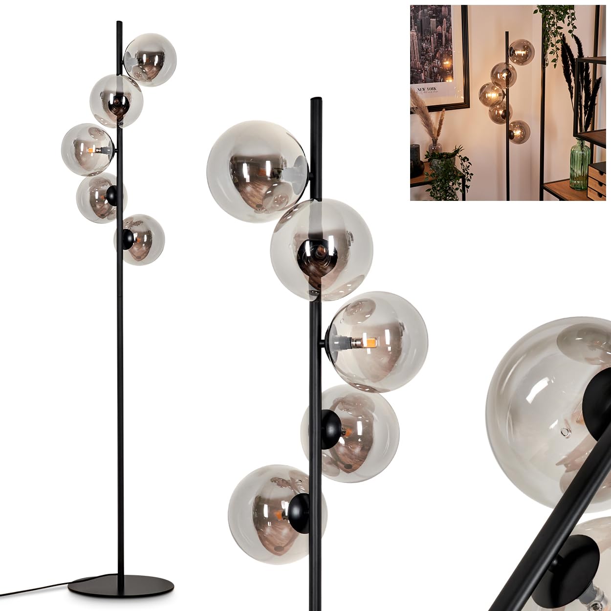 Stehleuchte Remaisnil, Stehlampe aus Metall/Glas in Schwarz/Rauchfarben, Standlampe im Retro/Vintage-Design mit Schirmen aus Glas (Ø 15 cm) u. Fußsschaler, Höhe 160 cm, 5 x G9, ohne Leuchtmittel