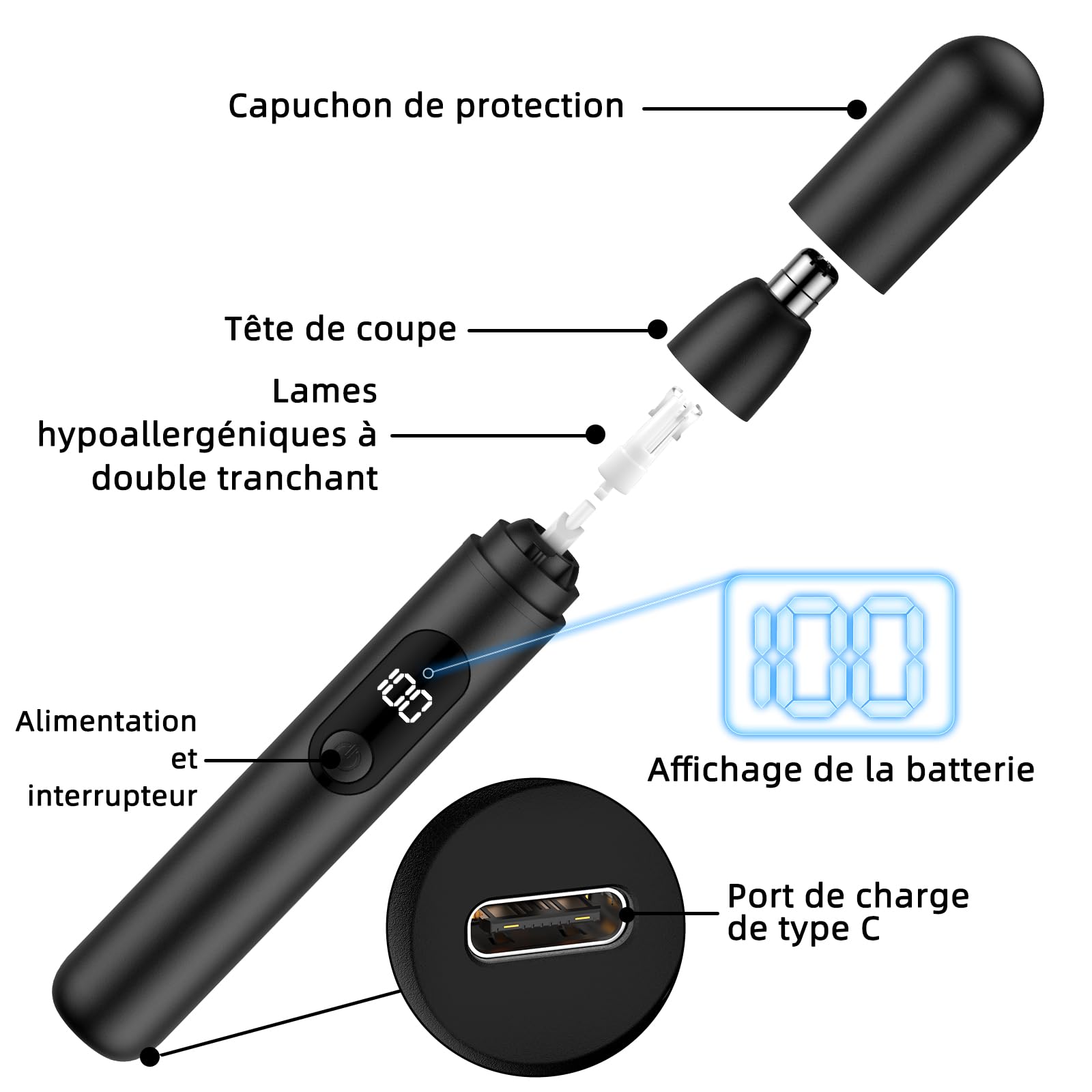 Tondeuse pour les poils de nez, tondeuse sans fil pour le nez et les oreilles avec ligne de charge de type C, voyant lumineux pour les hommes et les femmes (Noir)