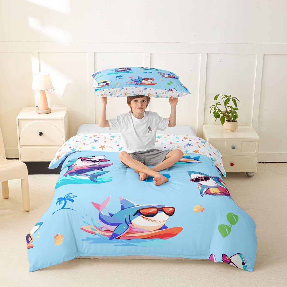 Castle Fairy Cute Shark Duvet Cover Set Toddler Surfing Animal Bedding Set with 1 Pillowcase Ocean Coconut Tree Comforter Cover Kids Boys Bedroom Decor No Comforter Blue