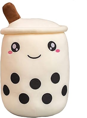 VICKYPOP Cute Bubble Tea Plush Toy Stuffed Boba Food Shaped Pillow Cushion Cartoon Fruit Milk Tea Gift for Kids (White Open Eyes, 19.6 inch)