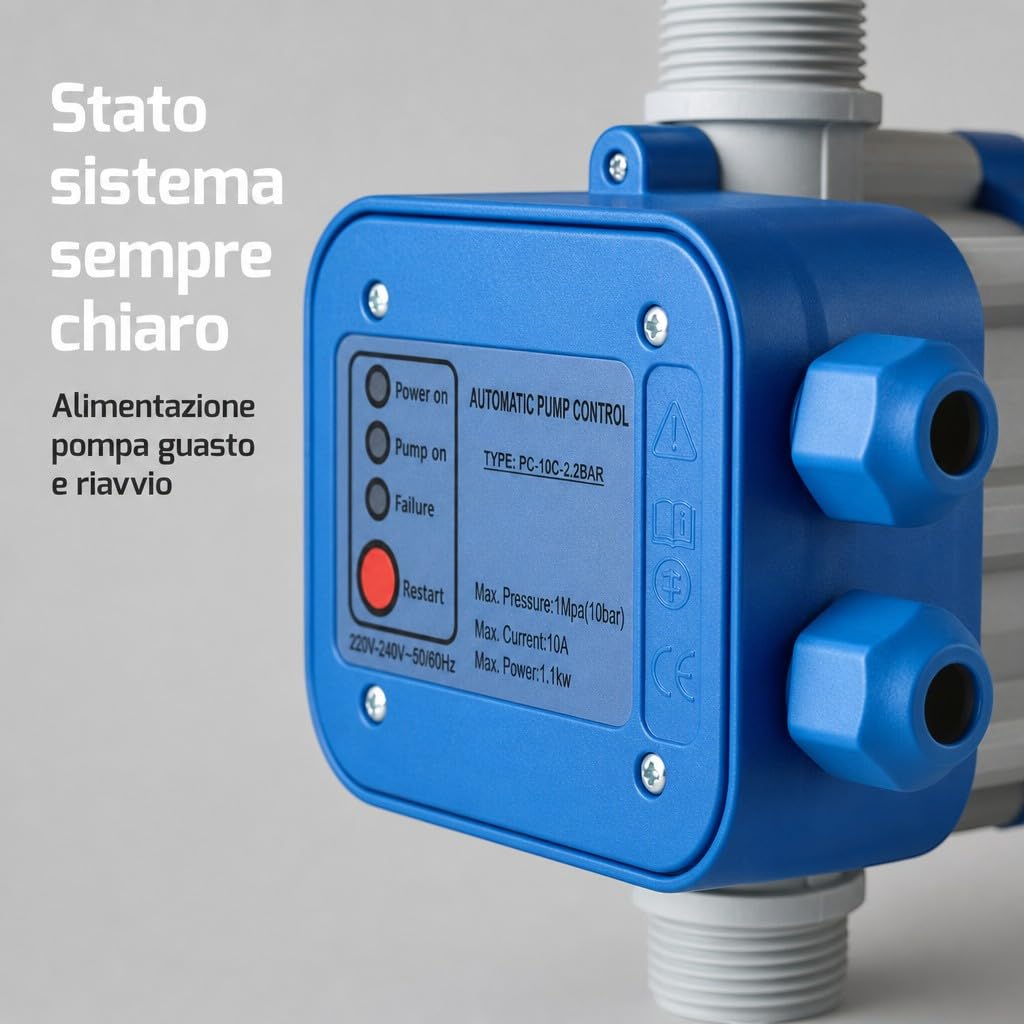 HM | Presscontrol regolatore di pressione per elettropompa, 2,2 bar, attacco 1" | Controllo elettronico automatico, protezione da funzionamento a secco, per sistemi idrici domestici