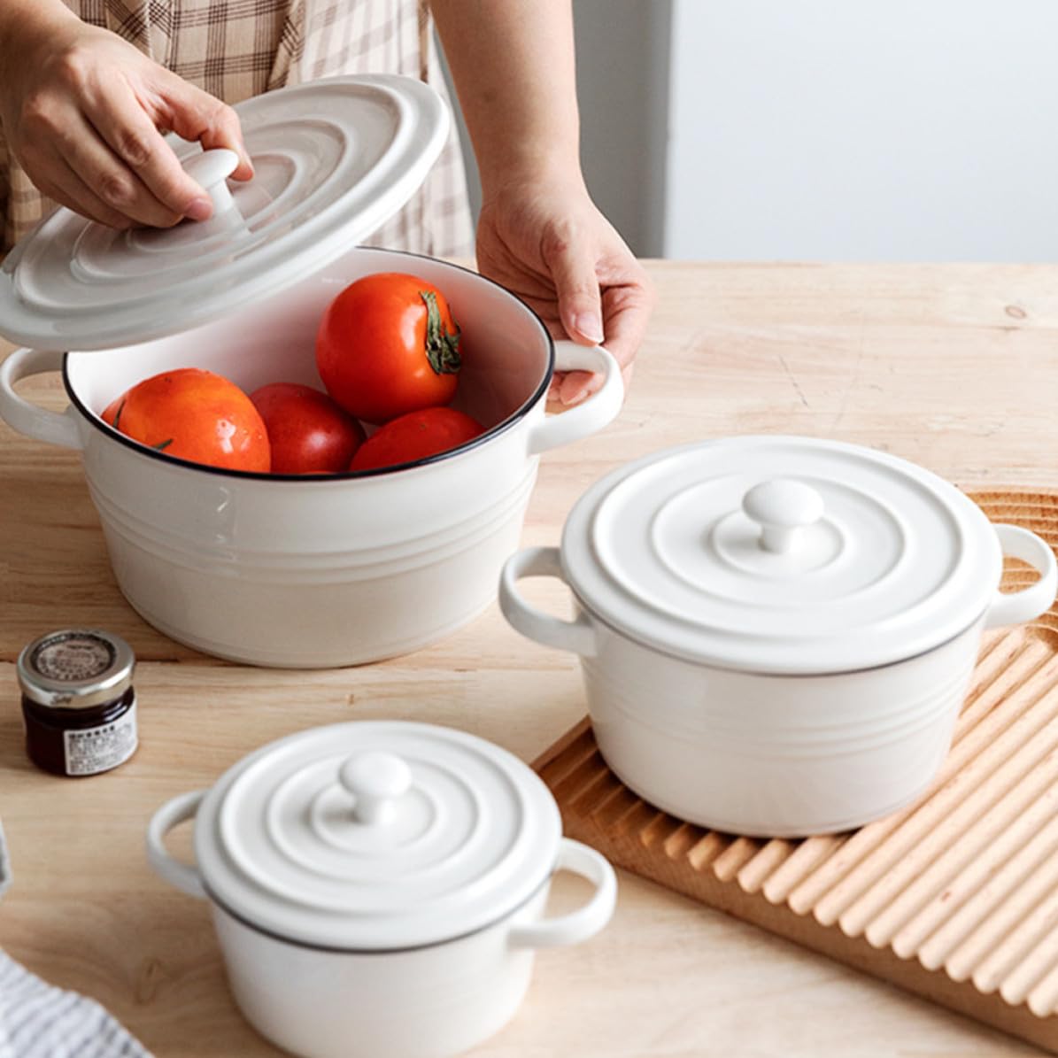 Bol à Soupe, à Double Anse Blanc avec Couvercle en Céramique Résistant la Chaleur et Robuste et Cuisine Repas Maison