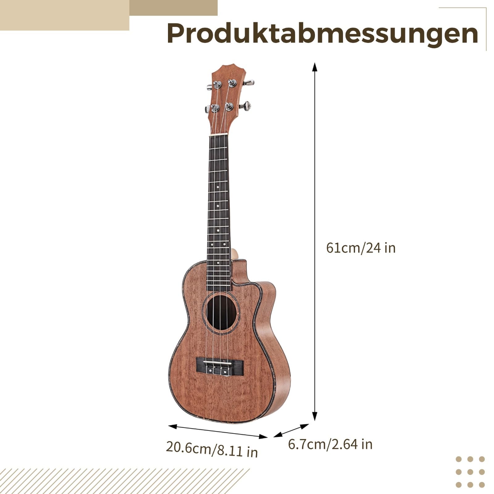Strumento musicale hawaiano a 4 corde, corpo in legno di mogano elettrico acustico, dimensioni da concerto da 58,4 cm, sistema di pickup integrato, uscita tonale chiara per esercitarsi e performance