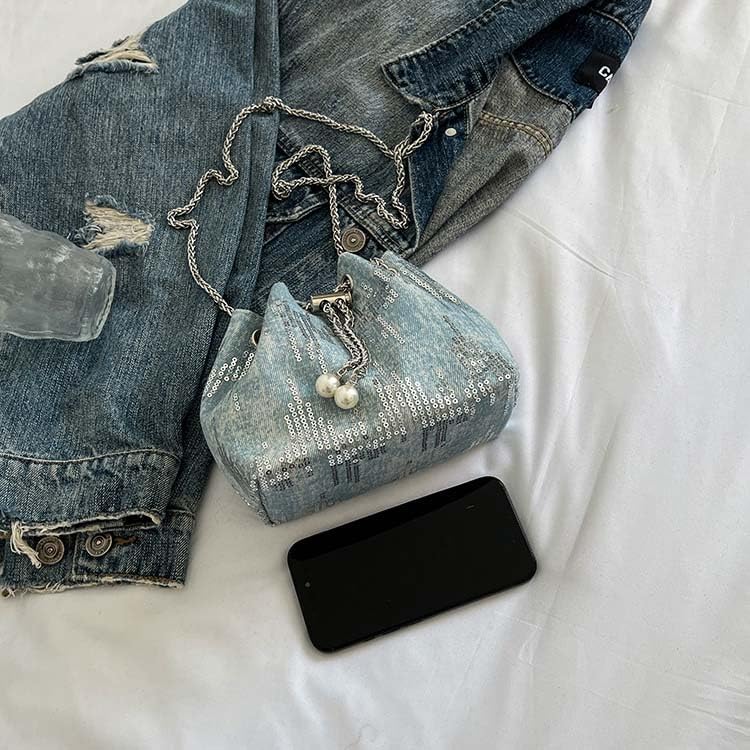 Glitter Denim Bucket Bag for Women Sequin Drawstring Crossbody Handbag Mini Shoulder Clutch Purse3