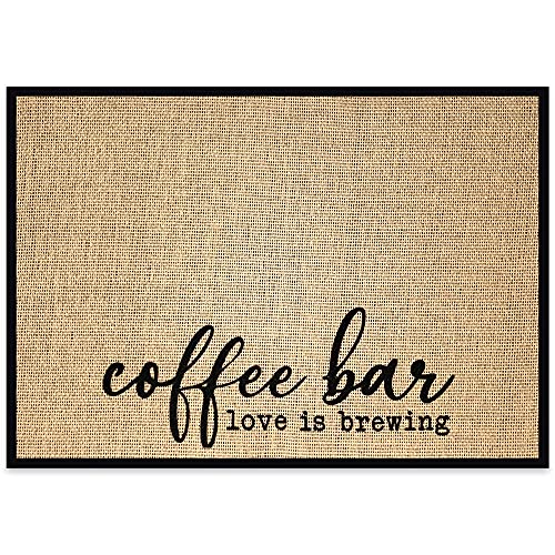 New Mungo Coffee Bar Mat - Coffee Bar Decor for Coffee Station - Coffee Bar Accessories for Coffee Decor - Love is Brewing Coffee Mat - Burlap Placemat with Fabric Backing - 20â€x14â€