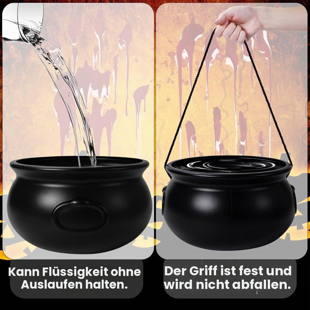 JOISHOP 2 Stück Großer Hexenkessel Kunststoff Schwarz mit Griff für Halloween (32cm und 18,8cm)