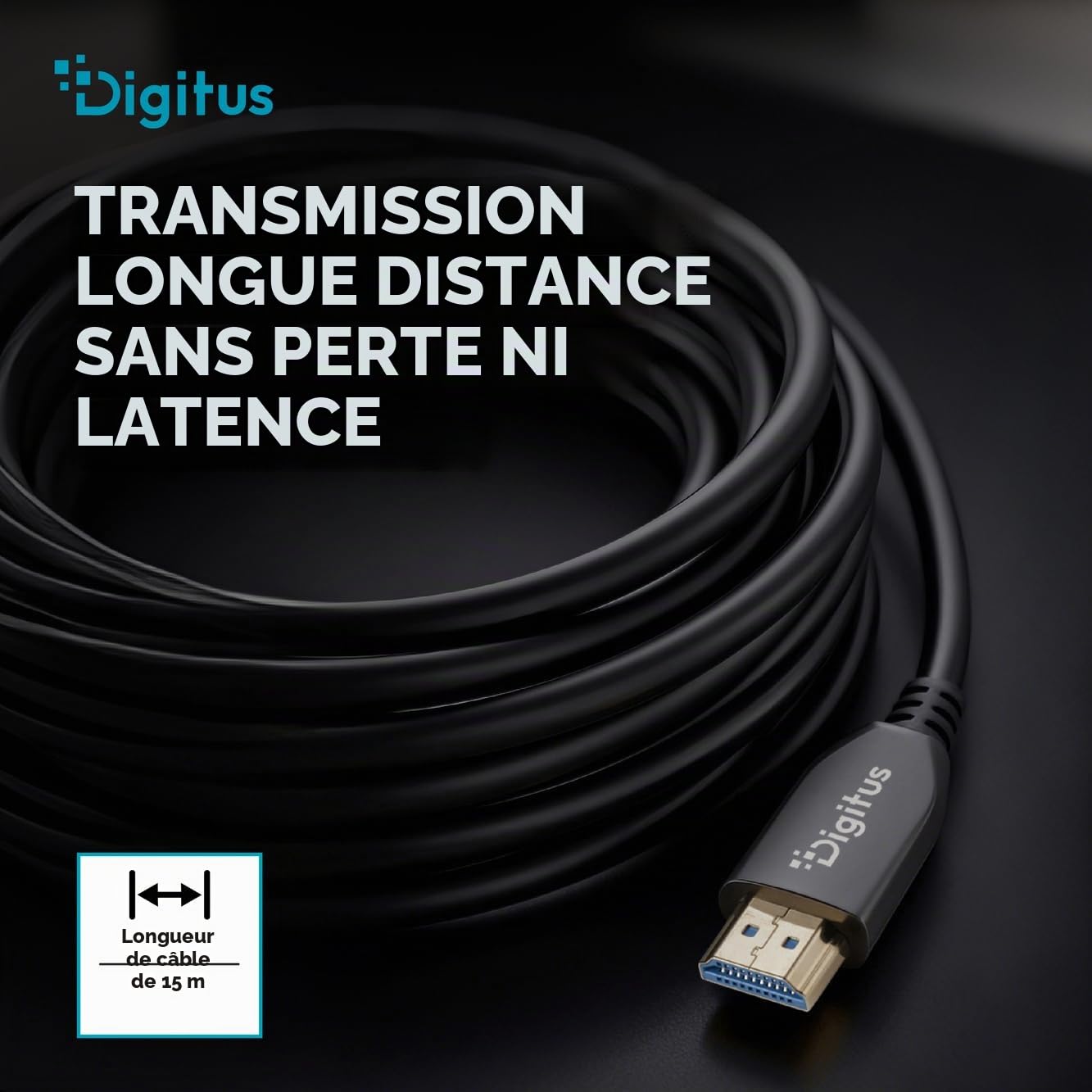 DIGITUS Câble HDMI à fibre optique – 15 m – UHD 8k 60 Hz 4k 120 Hz | HDMI 2.1 – 48 Gbps – eARC, HDR, HDCP 2.2, CEC – Câble hybride AOC – contacts plaqués or – câble HDMI à FO – noir
