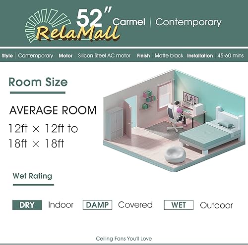 Miniatura 5 de Ventilador de techo de 52 pulgadas sin luces con control remoto, ventiladores de techo de madera con motor CC reversible sin ruido, ventilador de