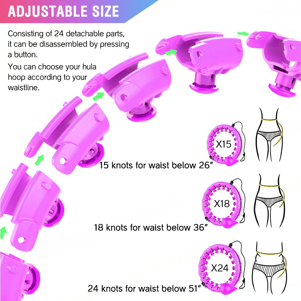 Inteligentny obręcz hula hop, obręcz do masażu opon Hula Hoop nie upuszcza joga obręcz hula hop regulowany24 węzły hula hop fitness z 360° głową masującą, cienka talia i brzuch dla początkujących dzieci kobiet (fioletowa)
