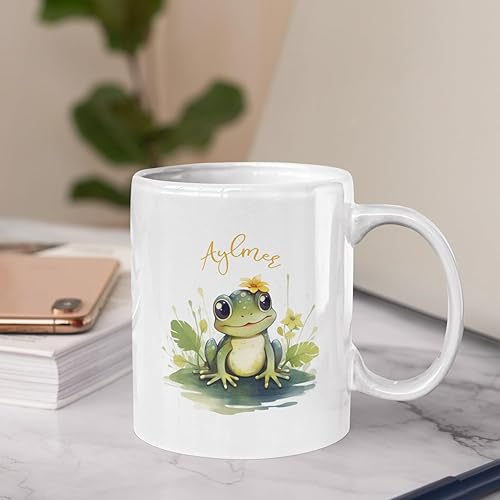 Miniatura 2 de Tazas de café personalizadas de porcelana de rana divertida con nombre, taza de té de rana floral personalizada, lindas tazas de viaje de rana