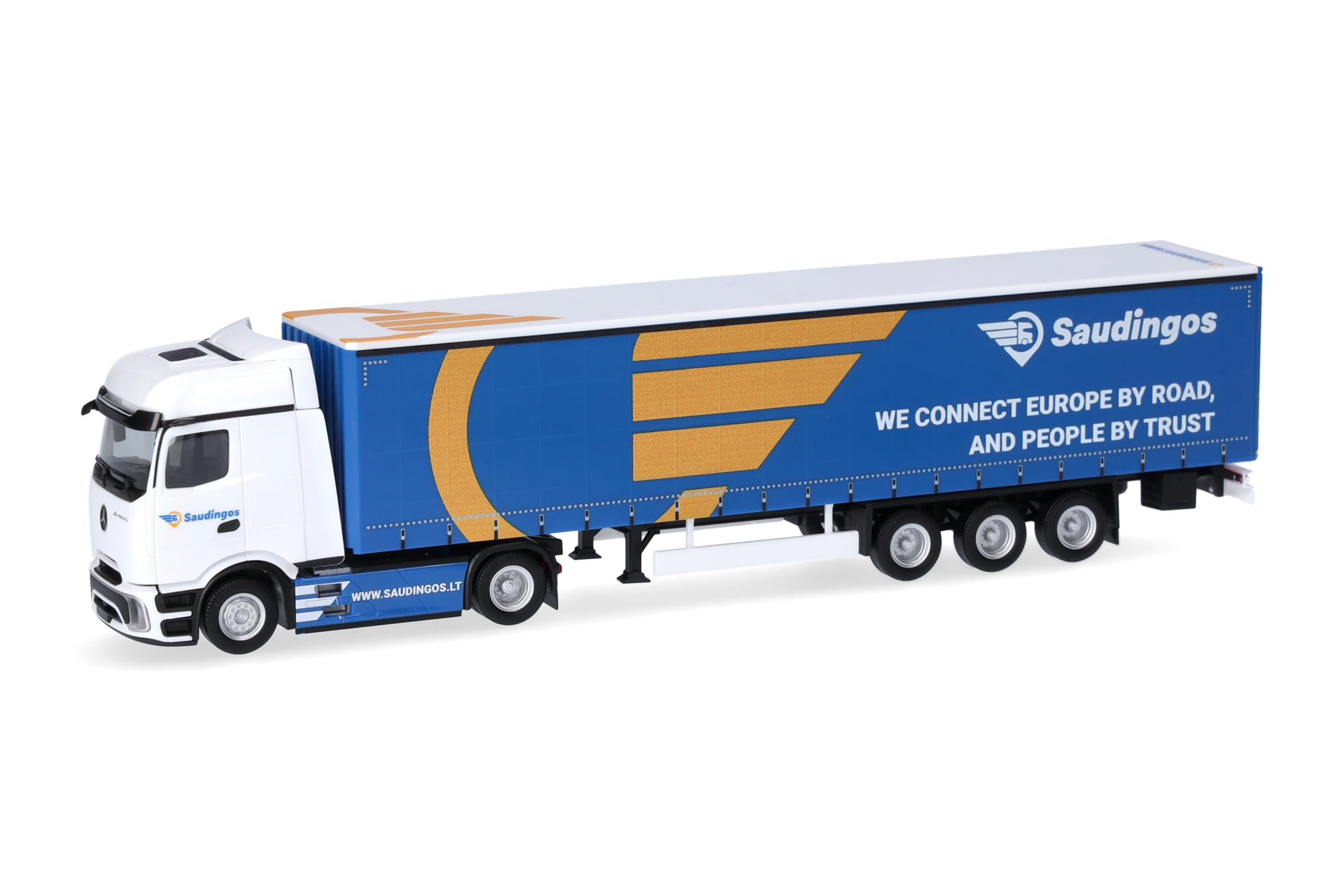 Herpa model ciężarówki Mercedes-Benz Actros L ProCabin Bigspace zestaw z naczepą kurtynową „Saudingo” (Litwa/Szawle), miniatura w skali 1:87, model kolekcjonerski, Made in Germany, tworzywo sztuczne