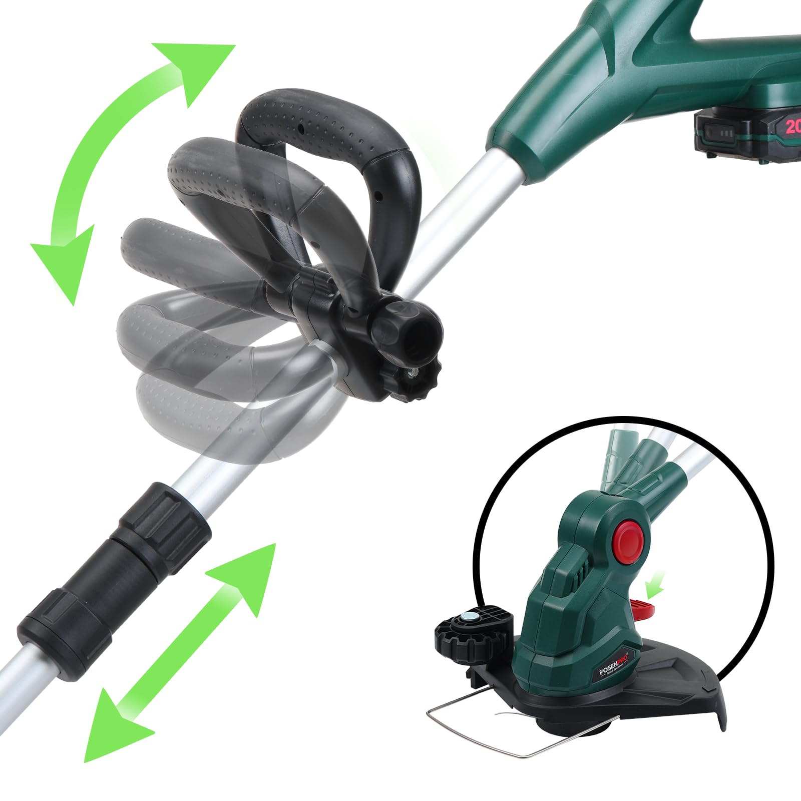 POSENPRO Coupe-Bordures sans Fil 20V avec Batterie 2,0 Ah, Debroussailleuse Electrique sans Fil, Poignée Réglable, Lame en Plastique 20 Pièces, 2 Bobines, Largeur de Coupe de 26 cm, Tube Télescopique