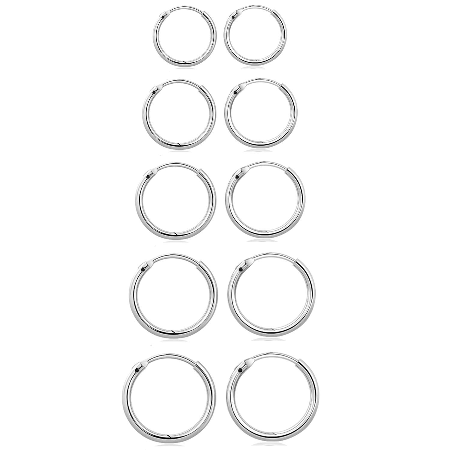 Elicola Set of 5 Pairs of Hoops Earrings in 925 Sterling for Women Men Small Round Mini Sleeper Cartilage Earrings Hypoallergenic 8/10/12/14/16mm