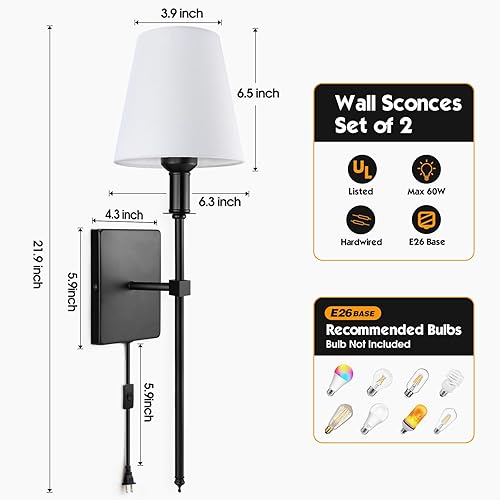 Miniatura 4 de SoodMi Aplique de pared enchufable, apliques de pared de tela, juego de dos, lámpara de pared industrial con cable de enchufe, aplique de pared