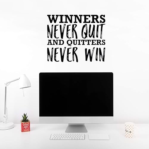 Calcomanía de vinilo para pared, Winner Never Quit and Quitters Never Win, 18 x 22 pulgadas, moderna calcomanía motivacional con cita para el hogar,