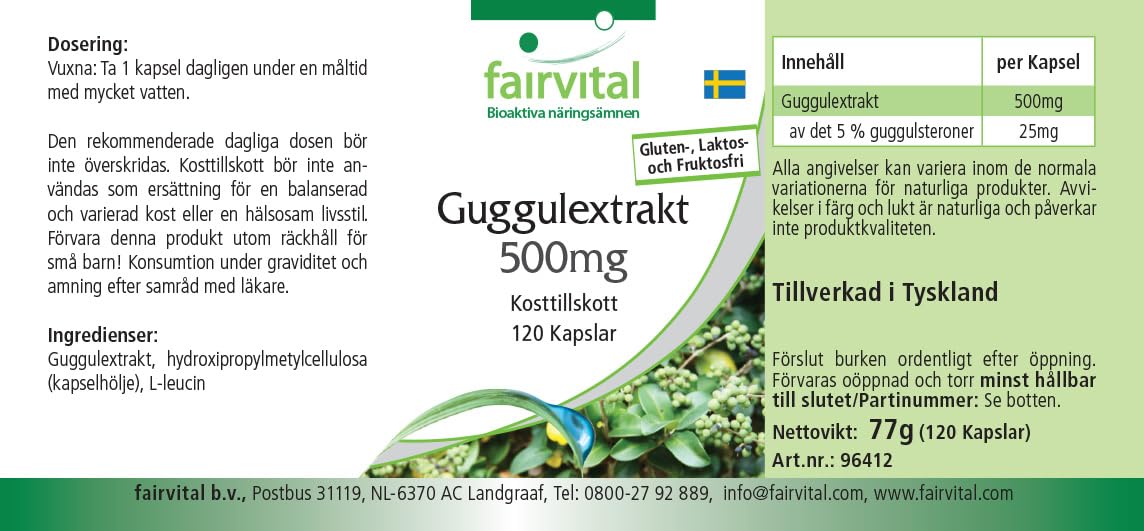 fairvital Extrait de guggul 500mg, 120 gélules, 5% de guggulstérones, qualité certifiée et hautement dosé, 100% végétalien, fabriqué en Allemagne