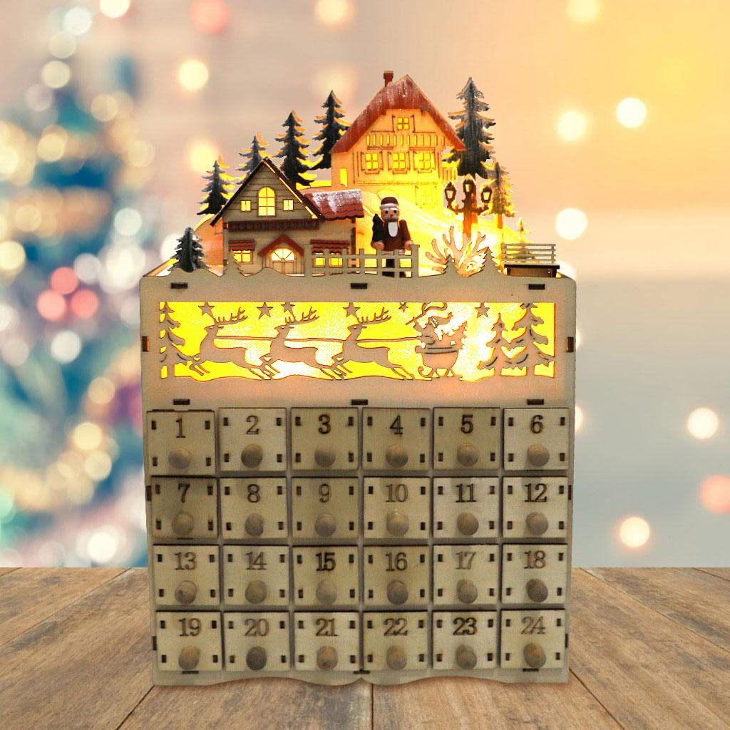 Calendario de Adviento de Madera con Cajones Iluminados con LED - Navidad
