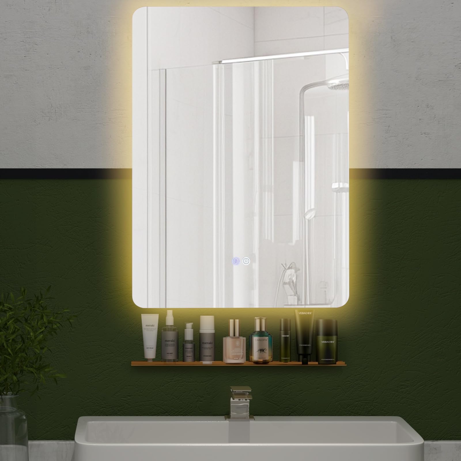 FANTASK Espejo de baño LED con iluminación, Espejo de baño Regulable con Interruptor táctil y función de Memoria, 3000 K-6000 K, Espejo de Pared Rectangular con Estante, 70 x 50 cm