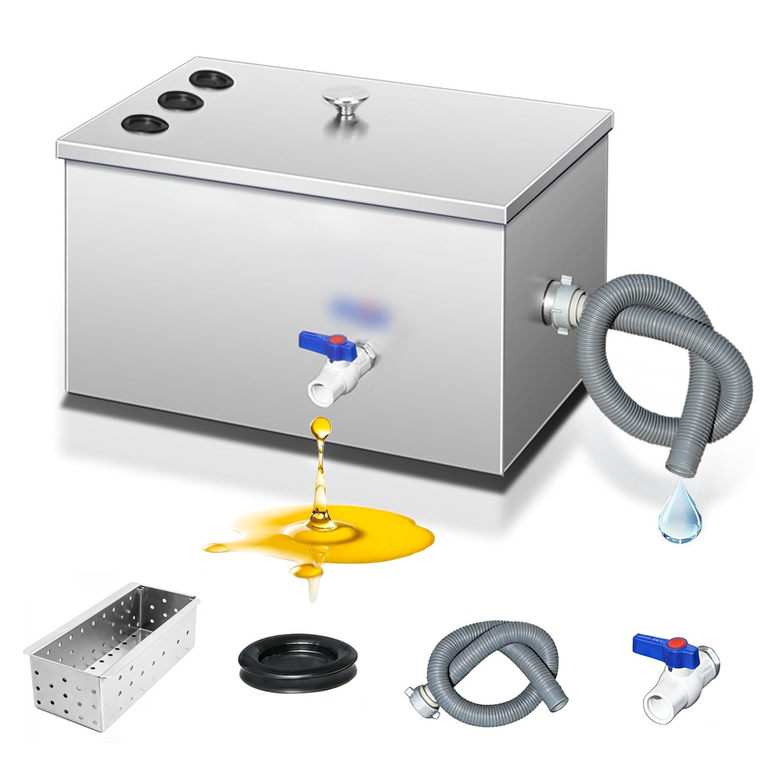 Separador de grasa comercial, separador de grasa de acero inoxidable de 54L con 3 entradas superiores, separador de aceite y agua, filtración de 5 etapas para cocinas de restaurantes, 60 x 30 x