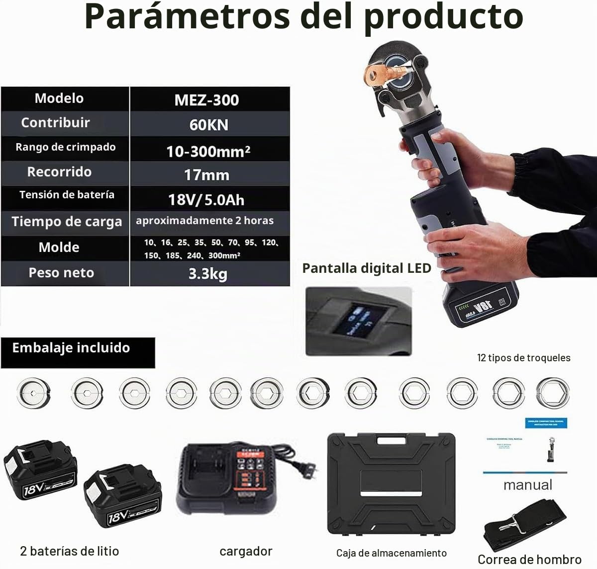 Prensa Multicapa Bateria,Prensa Multicapa Electrica,Alicates De Crimpado Eléctricos Con Abrazadera Hidráulica Recargable de 18 V/2,5 Ah,Rango de ngarce 16-300 mm²