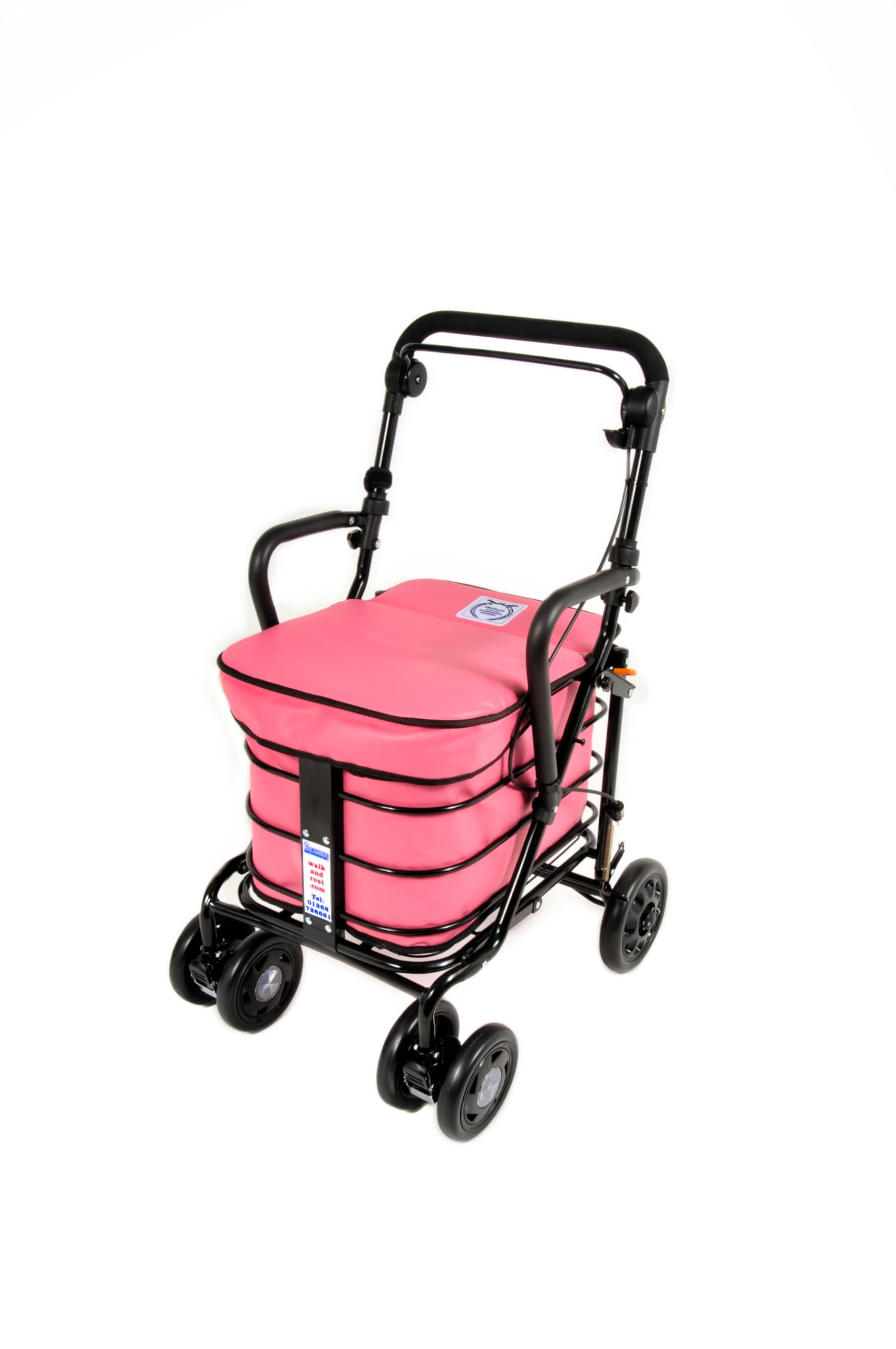 Prestige Walk and Rest Shopping Trolley with Seat & Armrest/Walking frame/Seated Mobility Trolley/Stroller/Walking Trolley (FULLY ASSEMBLED in UK READY TO USE!) BLACK EDITION (Pink)