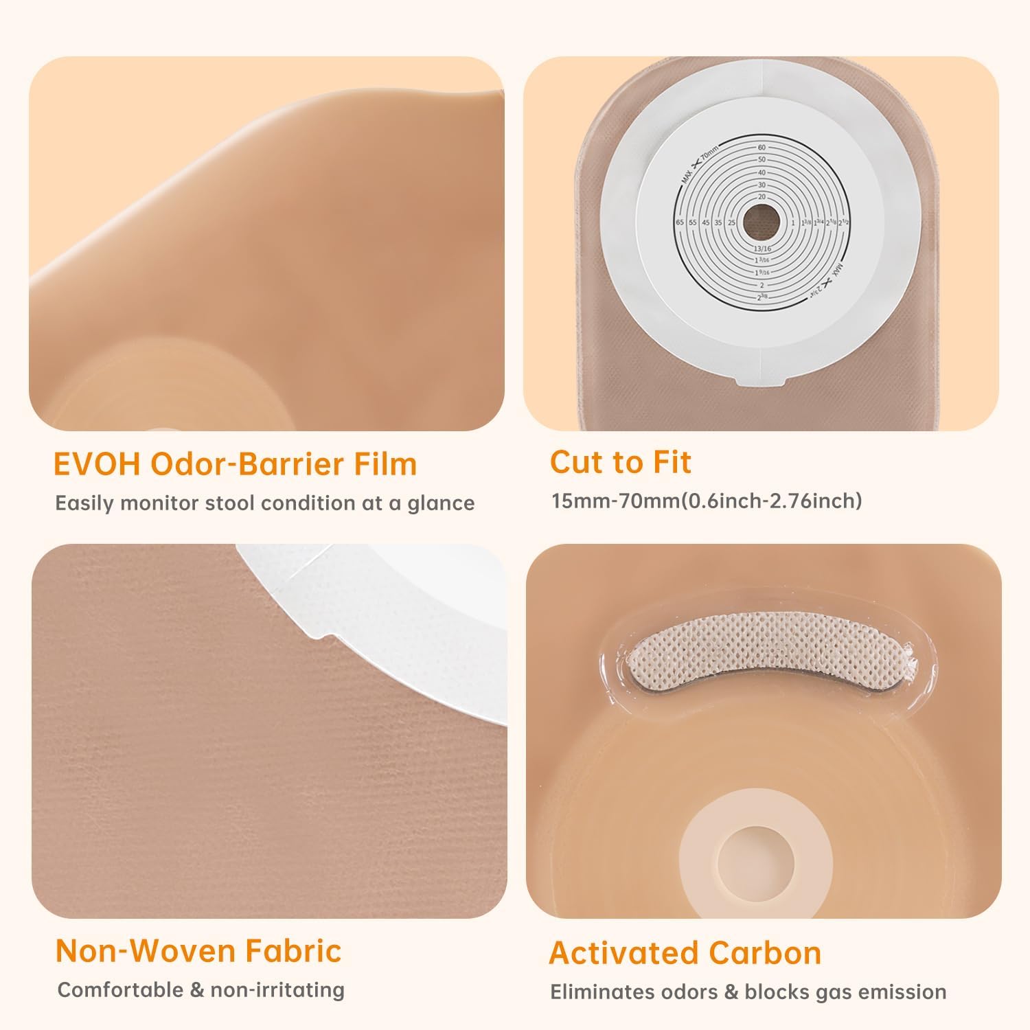 50 PCS Colostomy Bags,15-70mm One-Piece Cut-to Fit Ostomy Bag with Hook and Loop Closure Drainable Pouches,Skin-Friendly Ostomy Supplies for Stoma Care (50)