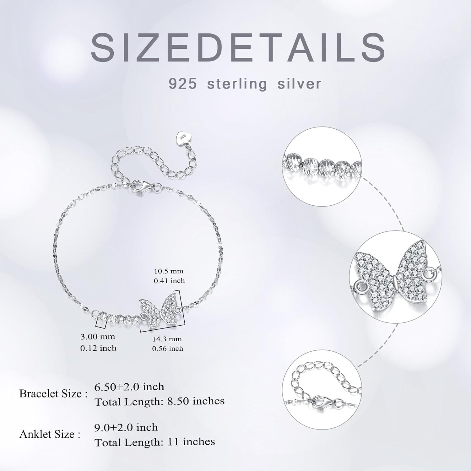 Sterling Silver 0.3 carat Lab Grown Diamond Butterfly Bracelet for Women, Freshwater Cultured Pearl Love Jewelry Gifts for Her, 6.5-8.5 Inches