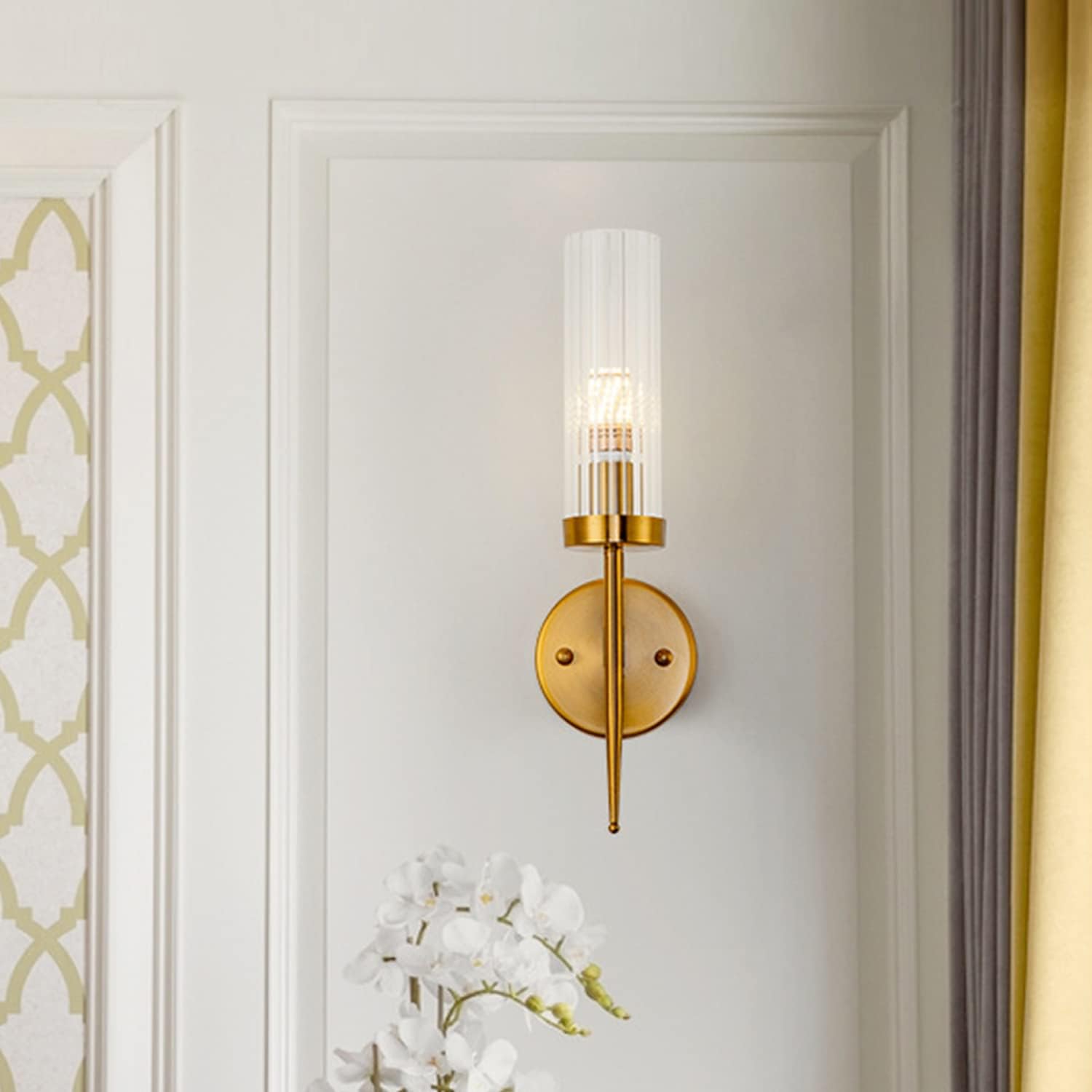 Review CROSSIO Modern Brass Wall Sconces Minimalist Brass Wall Lamp Decor Glass Lamp Shade Flush Mount Fixture for Bedside Hallway Bathroom Hotel