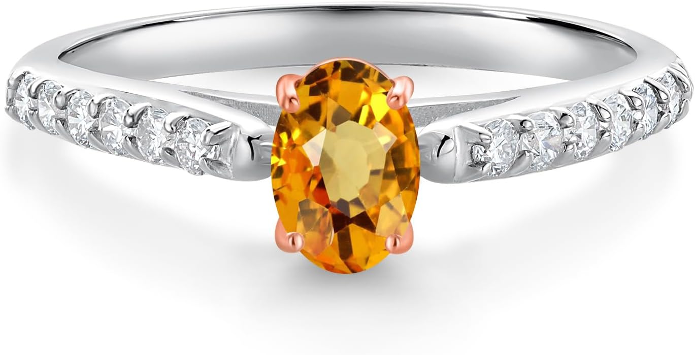 Gem Stone King 10K White and Rose Gold Oval Gemstone Birthstone and Lab Grown Diamond Engagement Ring for Women | Oval 6X4MM | Available in size 5, 6, 7, 8, 9