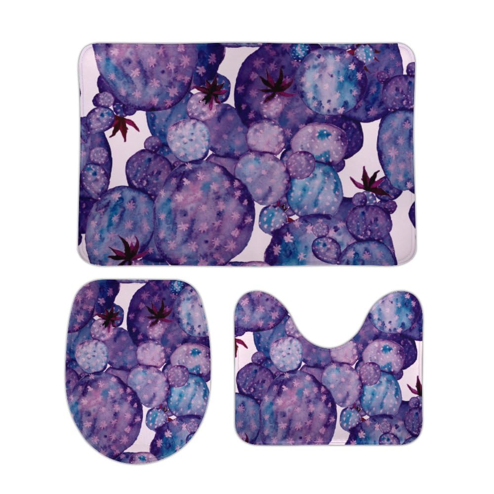 QAZPL Nuansexi Bathroom Rug Sets Watercolor Cactuses Flower Purple Bath Toilet Rugs Set 3 Piece Anti Slip U-Shape Contour Toilet Mat Coral Velvet Absorbent Machine Washable Bathroom Toilet Decor