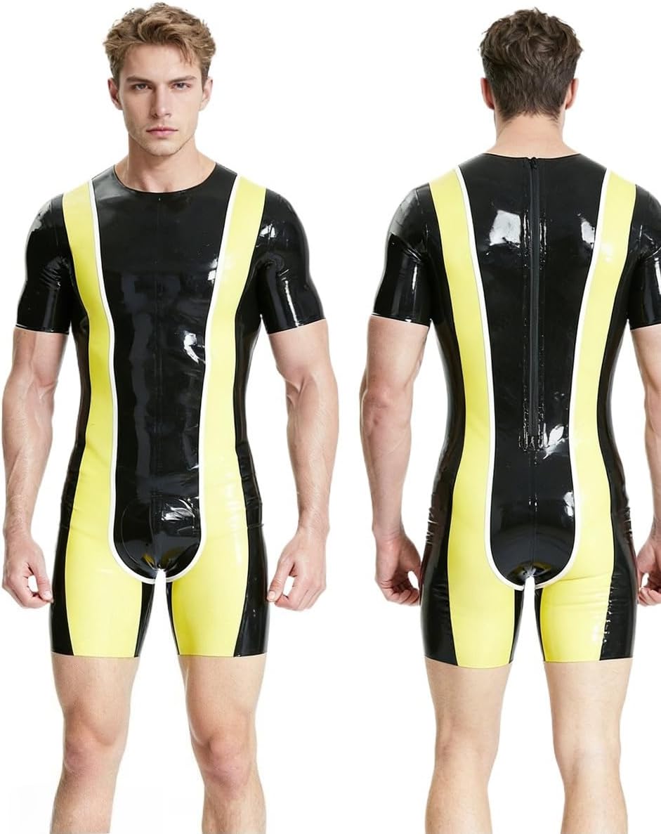 Rubber Bodysuit Men Costumes Short Sleeve Contrast Panel Zip Back Tight Rubber Jumpsuit Wear