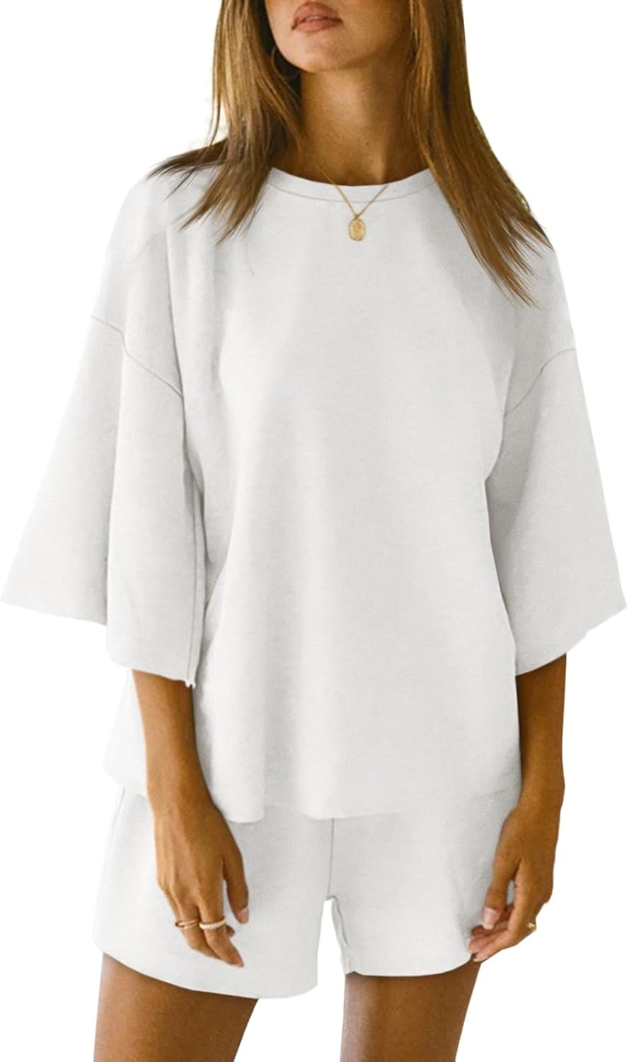 Tankaneo Womens Pajama Sets 3/4 Sleeve Oversized Tops and Elastic Waist Shorts Lounge Sets Loungewear