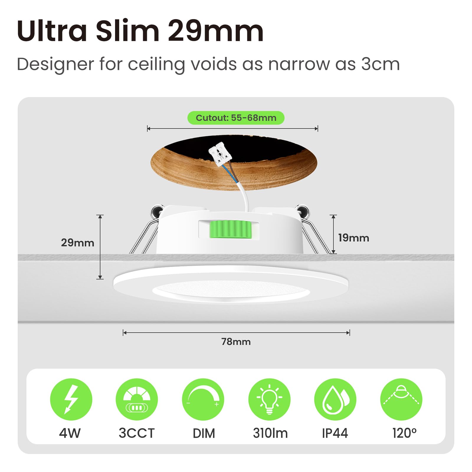 ALUSSO Zestaw 24 wpuszczanych reflektorów LED 68 mm, AC 220-240 V 4 W 3000 K 4000K 6500 K, regulowany, reflektor łazienkowy LED do salonu, kuchni, biały, okrągły