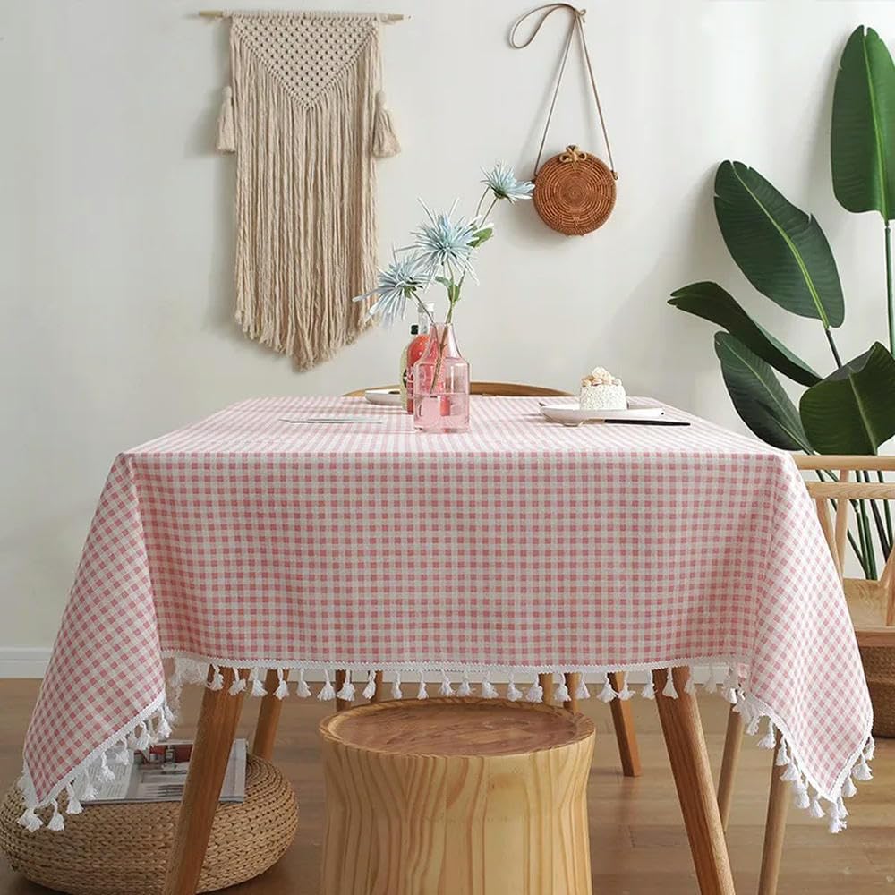 Mantel a Cuadros de 60~300cm con Encaje Cubierta de Mesa de Lino de algodón para Cubierta de Escritorio Mantel de Mesa de té con Colgante Suave paño de Comida
