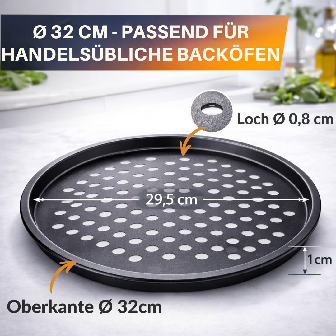 Lot de 4 plaques à pizza Ø 32 cm - Plaque ronde perforée pour pizza et tarte flambée en acier - Revêtement antiadhésif - Résistant à la chaleur jusqu'à 250° - Anthracite
