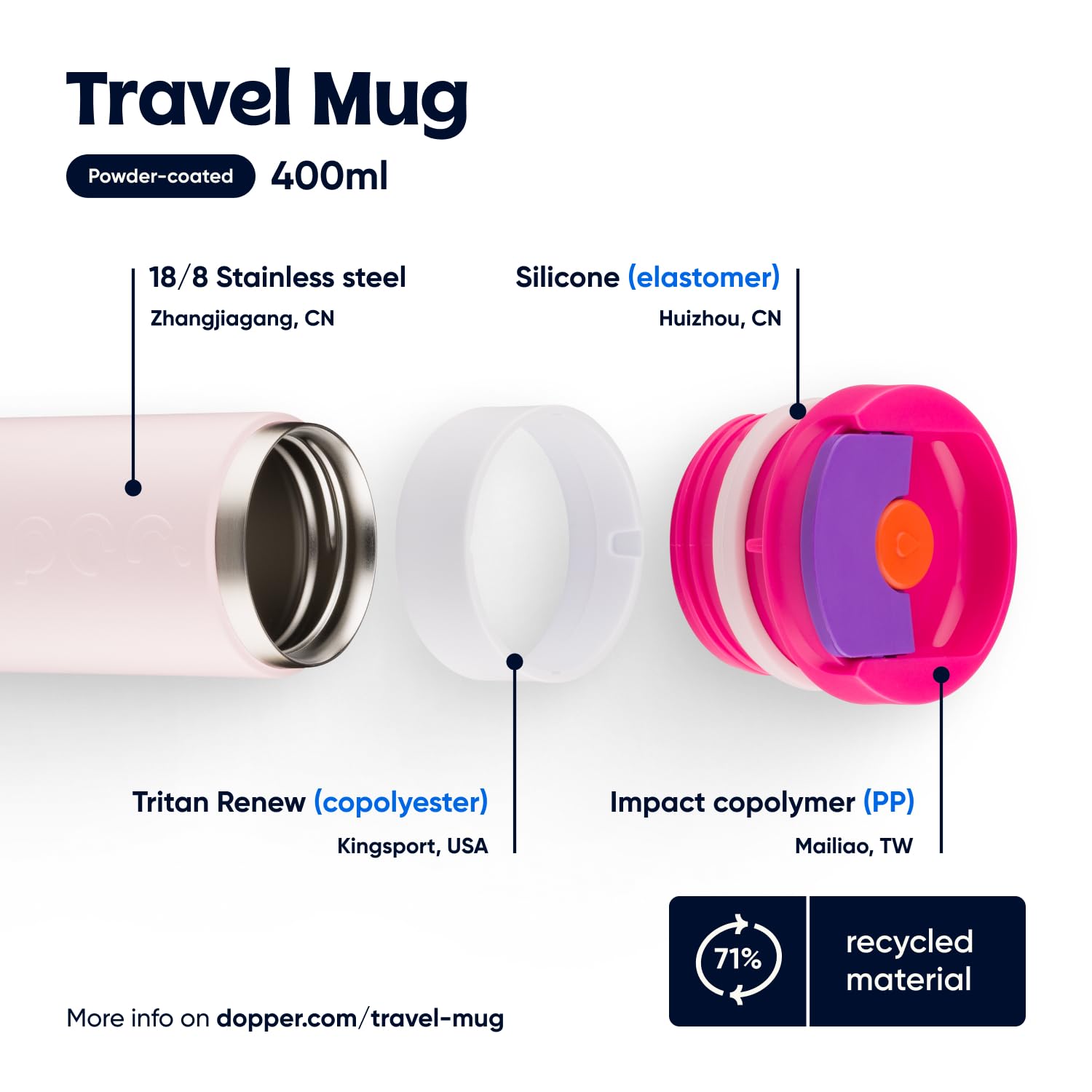 Dopper Travel Mug de voyage isotherme 400 ml Rose baie – Gobelet isotherme anti-fuite pour boissons gazeuses, 6h chaud/20h froid, 90 % acier inoxydable recyclé