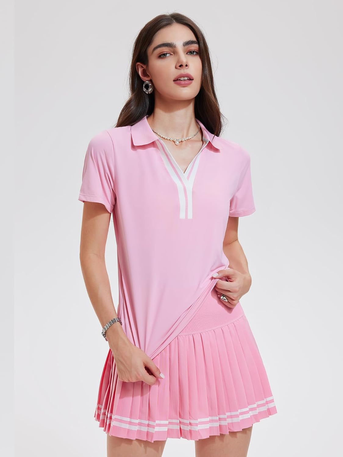 Women 2 Piece Tennis Skirt Set Pleated Golf Outfit, Polo V-Neck Athletic Dress Alternative Skort Set for Pickleball Pockets - Image 2