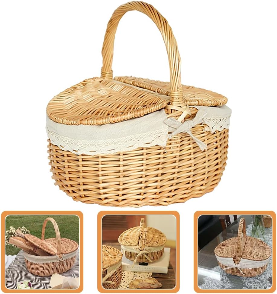 Yardwe Wicker Picnic Basket, 13.8" Picnic Basket with Lid and Handle, Large Woven Basket with Washable Lining