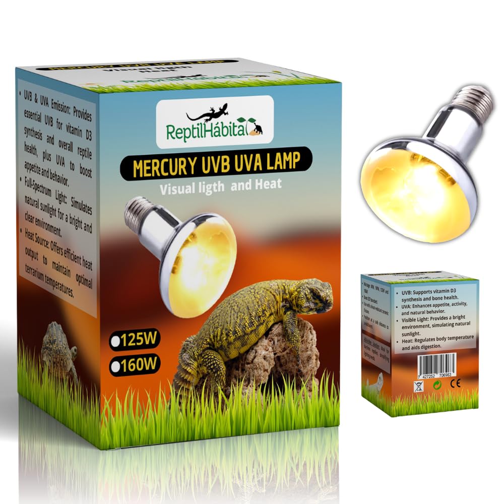 Bombilla UVB UVA con Calor para Reptiles 80W, 100W, 125W y 160W – Lámpara Vapor de Mercurio Todo en Uno para Terrarios – Luz Solar Artificial con Protección Térmica (125W)