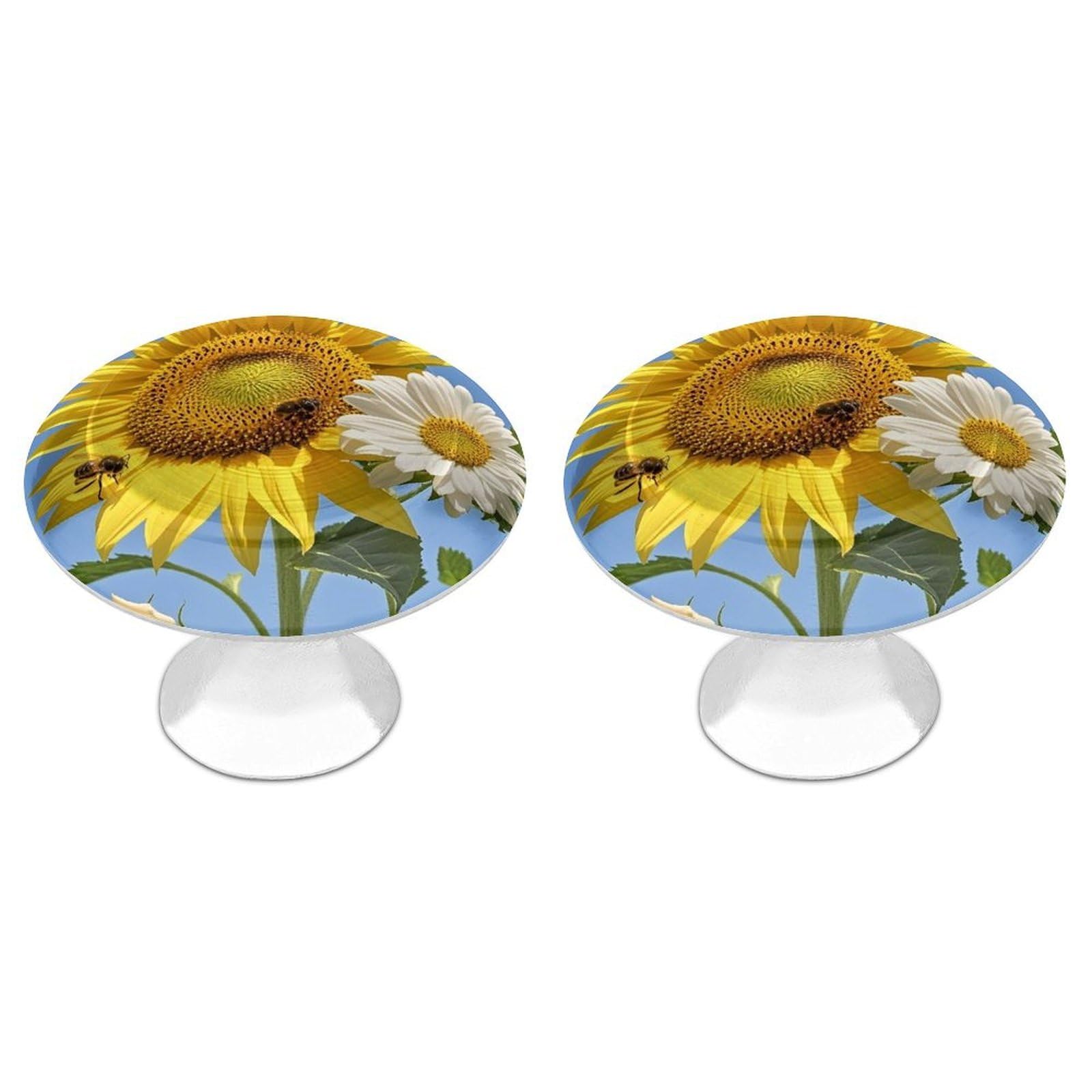 FekiLoot Bees Sunflowers Daisy Rose Flowers Cabinet Knobs Simple Drawer Handles Aluminum Alloy Kitchen Pulls Round Cabinet Door Knobs with Screw Door Hardware for Dresser Cabinets 2 Pack