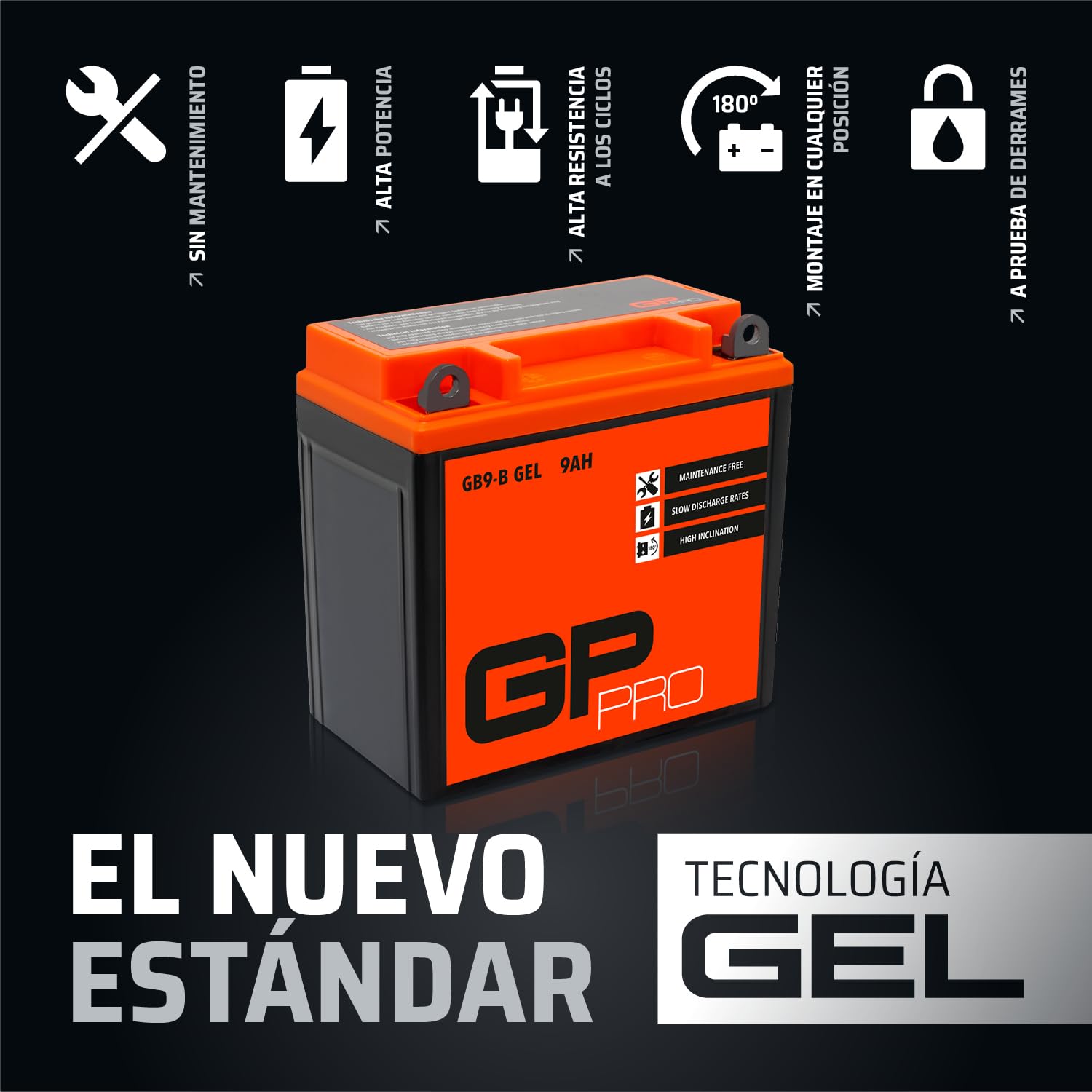 GP-PRO GB9-B - Batería de arranque para scooter y motos, 12V, 9Ah, parecido a YB9-B / 50914, sin necesidad de mantenimiento
