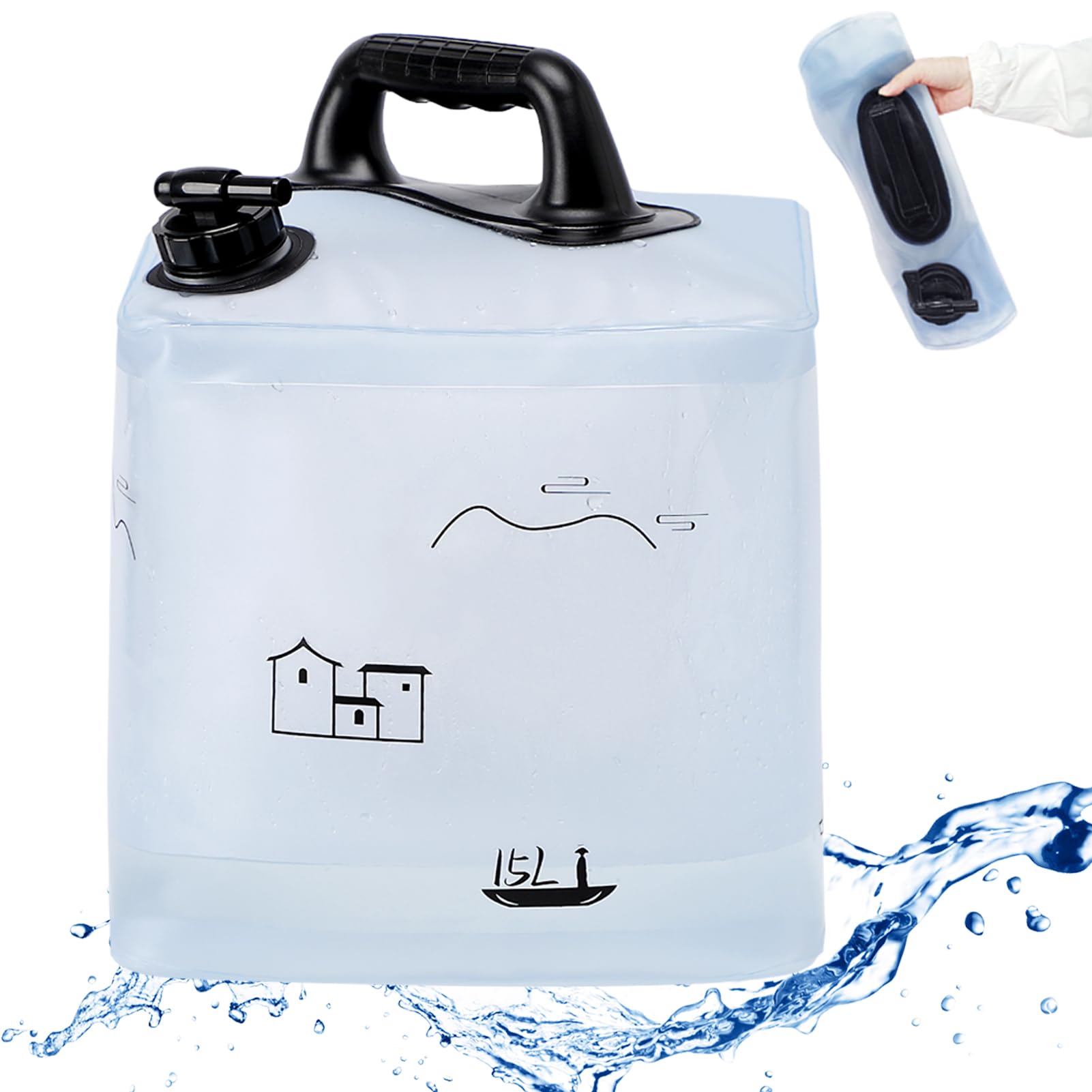 1 x 15 l faltbarer Wasserbehälter, BPA-freier Kunststoff-Wasserbehälter, große Kapazität, Kunststoff-Wassereimer mit Ventil, auslaufsicher und tragbar für Camping, Wandern und Überleben