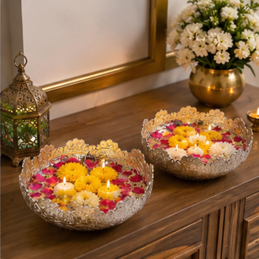 German Silver Urli Bowl Set of 2 | 5.5 Inch Decorative Floating Flower Bowl | Handcrafted Floral & Grape Vine Design | Pooja, Home Décor & Serving-picture-29