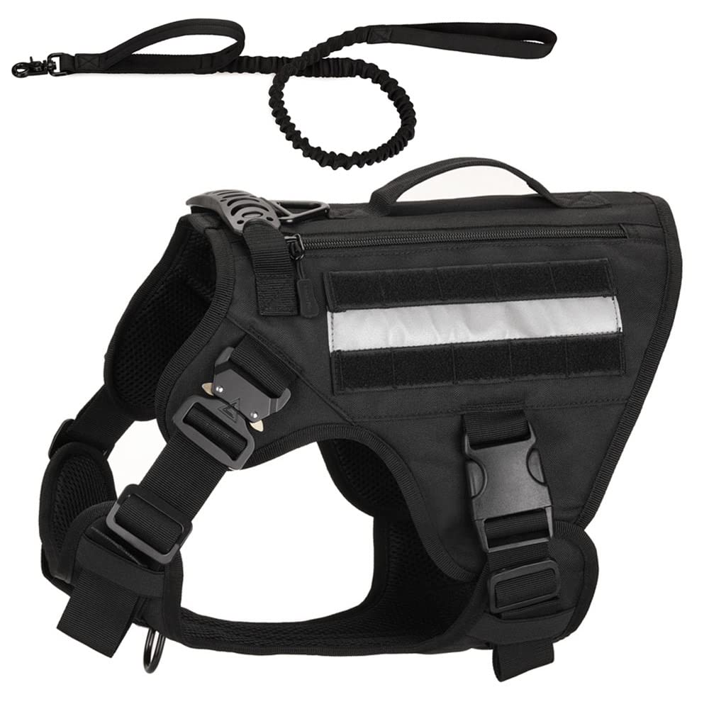 Hundegeschirr & Hundeleine für mittelgroße, große Hunde Reflektierend Reißverschluss-Taschen Taktisch Molle Hundeweste Gepolstert Brustgeschirr (XL, Schwarz)