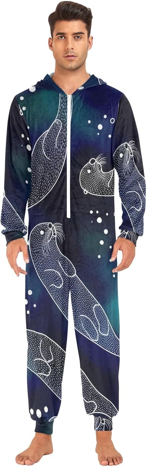 GAIREG Otters Ocean Navy Adult Onesie Pajamas, Soft Hooded One Piece Loungewear for Men Women